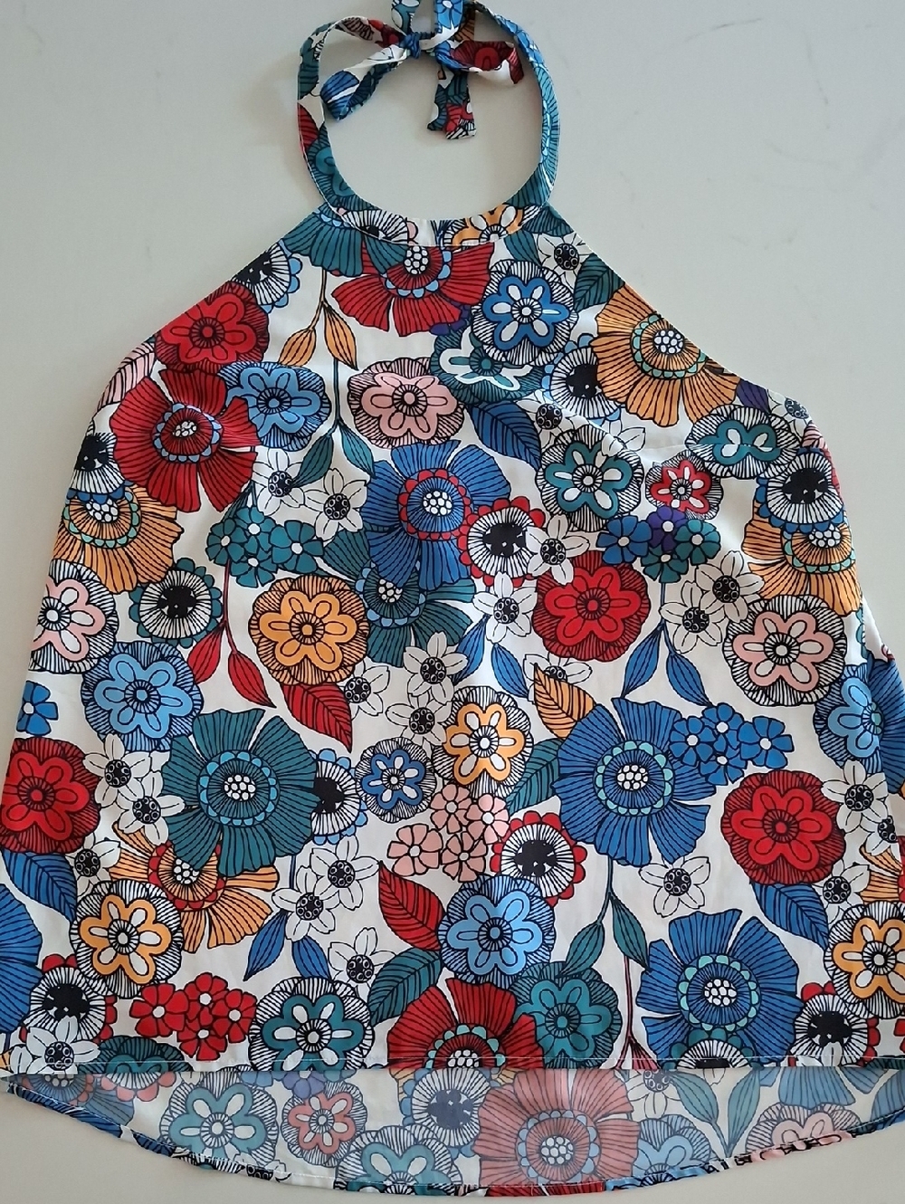 ModCloth White, Blue & Red Floral Boho/Mod/Retro Tie-neck Halter Top (Size XL)